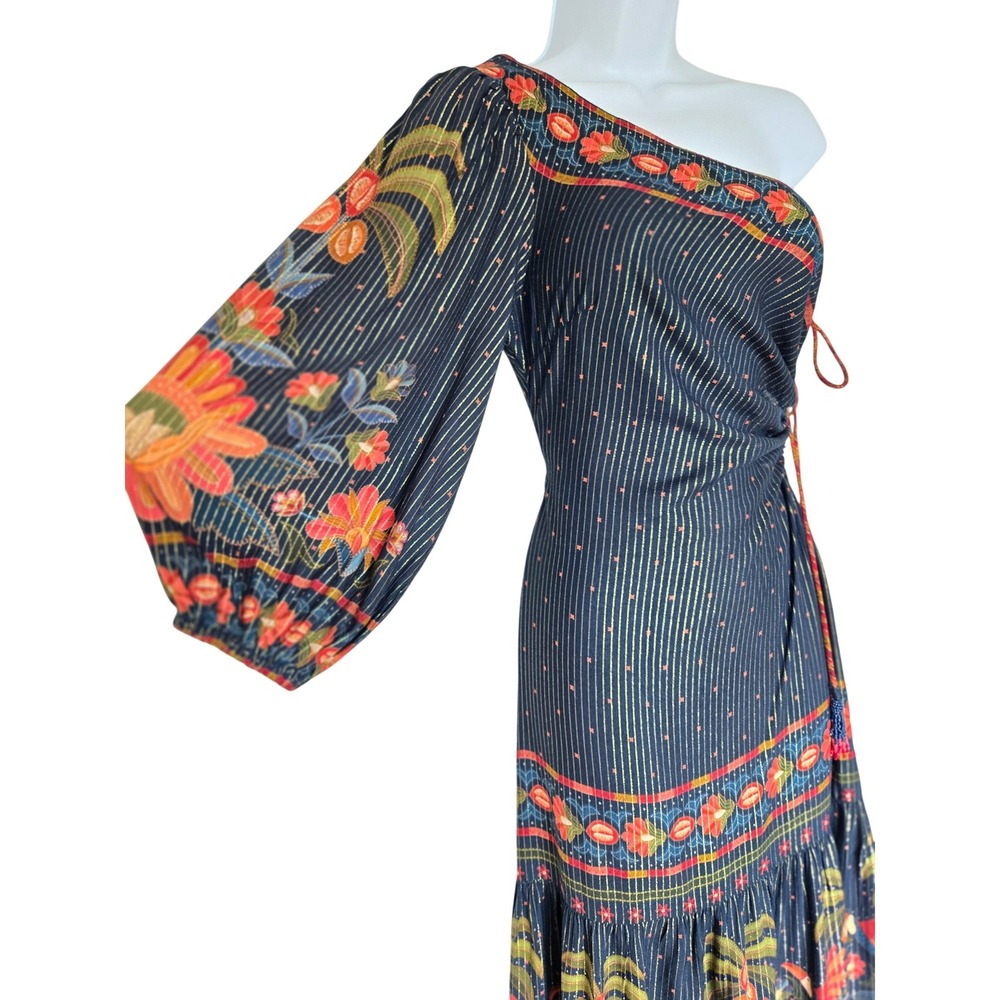 Rare Farm Rio Navy Floral Metallic Stripe One Shoulder Maxi Dress M Resort Boho - Picture 3 of 13